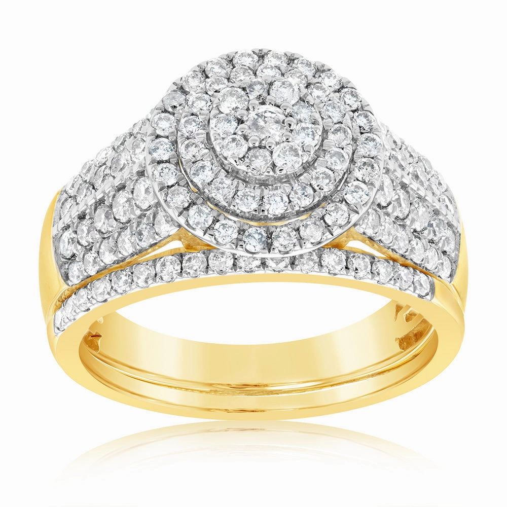 9ct Yellow Gold 1 Carat  Diamond Round Shape Cluster Bridal 2-Ring Set