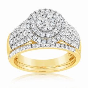9ct Yellow Gold 1 Carat  Diamond Round Shape Cluster Bridal 2-Ring Set
