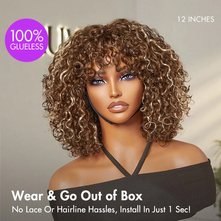 Beginner Friendly Ash Blonde Highlights Water Wave True Scalp Minimalist Lace Glueless Curly Wig with Bangs