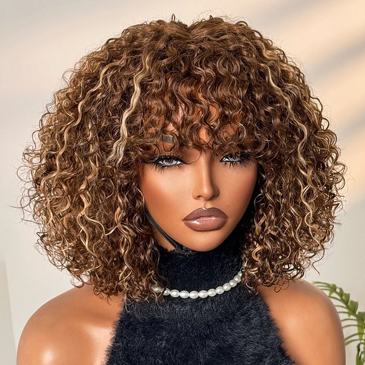 Beginner Friendly Ash Blonde Highlights Water Wave True Scalp Minimalist Lace Glueless Curly Wig with Bangs