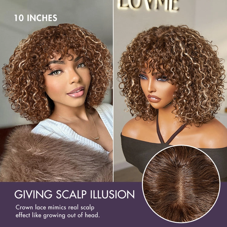 Beginner Friendly Ash Blonde Highlights Water Wave True Scalp Minimalist Lace Glueless Curly Wig with Bangs