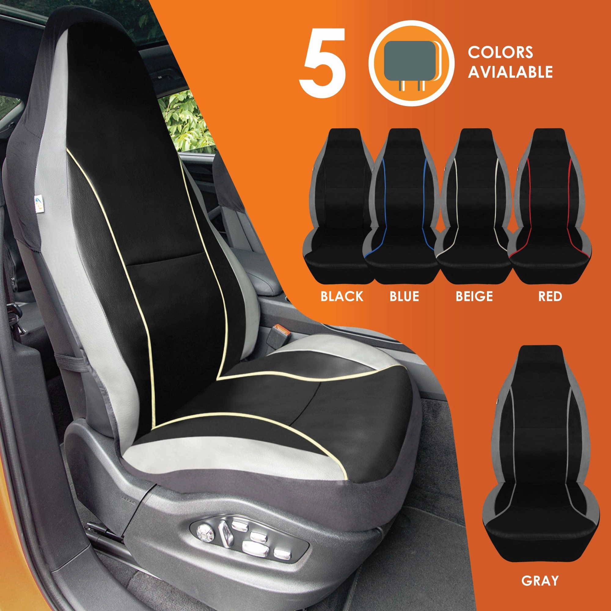 Bold Contrasting Leatherette Seat Covers Full Set - Beige