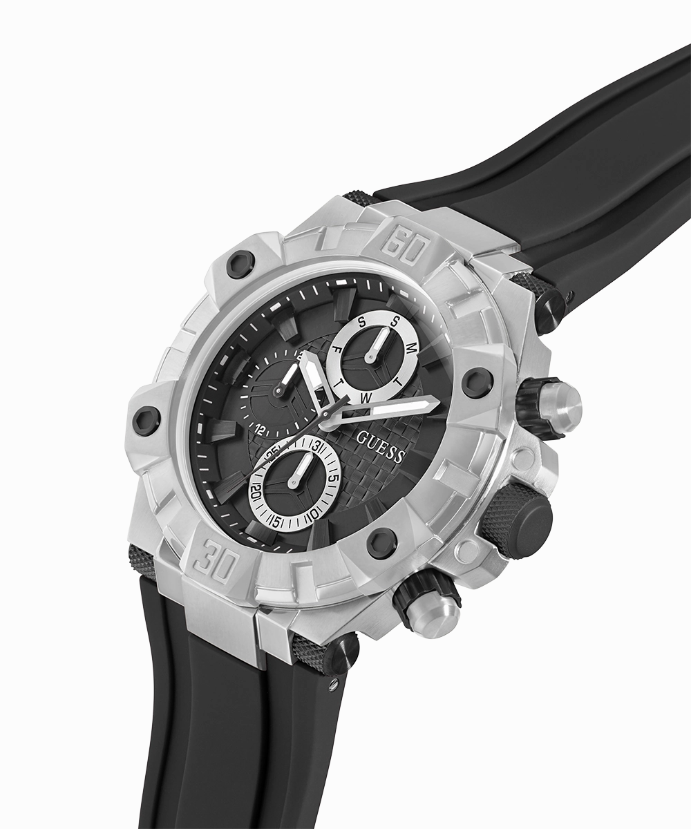 GUESS Mens Black Silver Tone Multi-function Watch