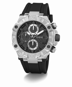 GUESS Mens Black Silver Tone Multi-function Watch