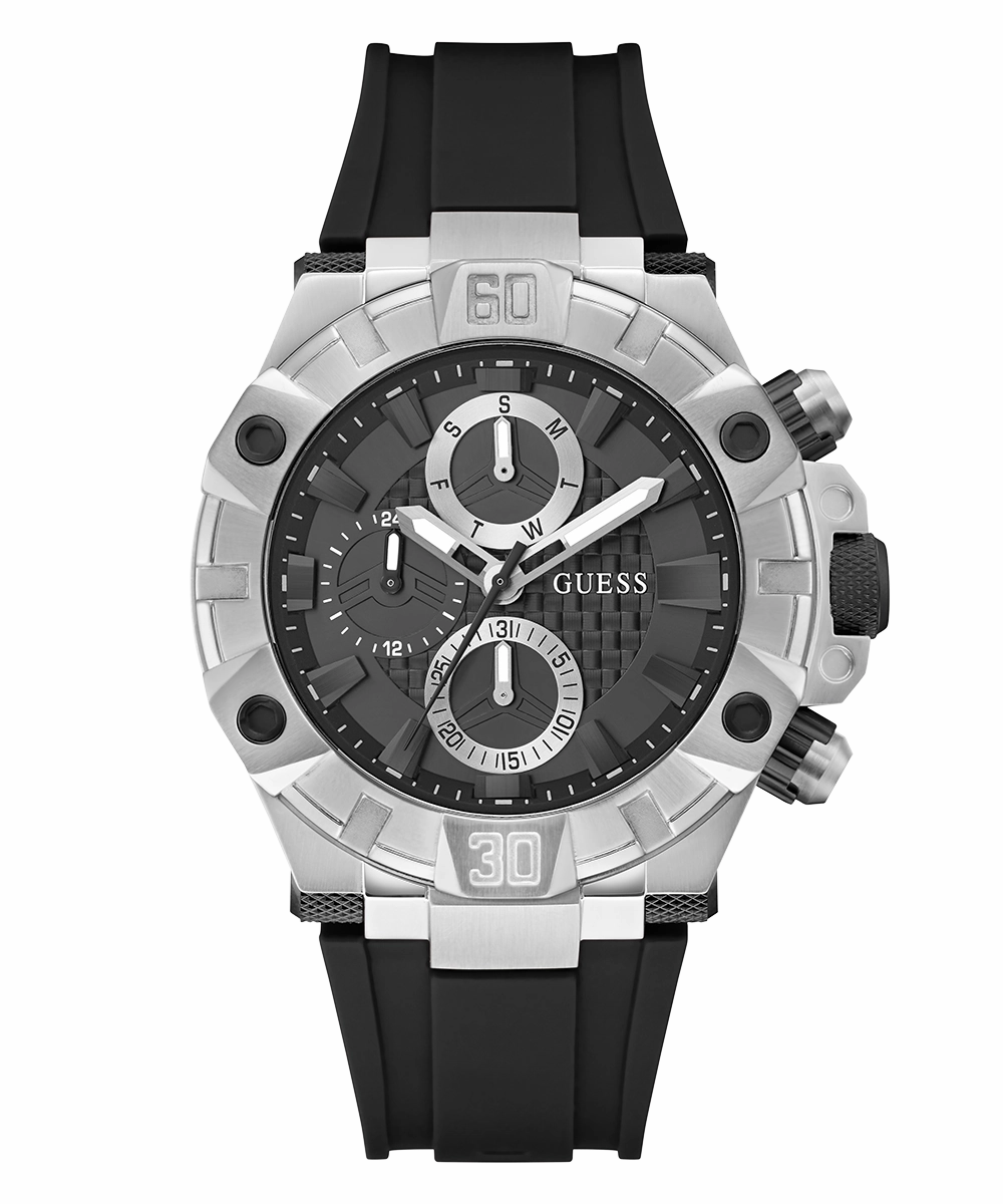 GUESS Mens Black Silver Tone Multi-function Watch