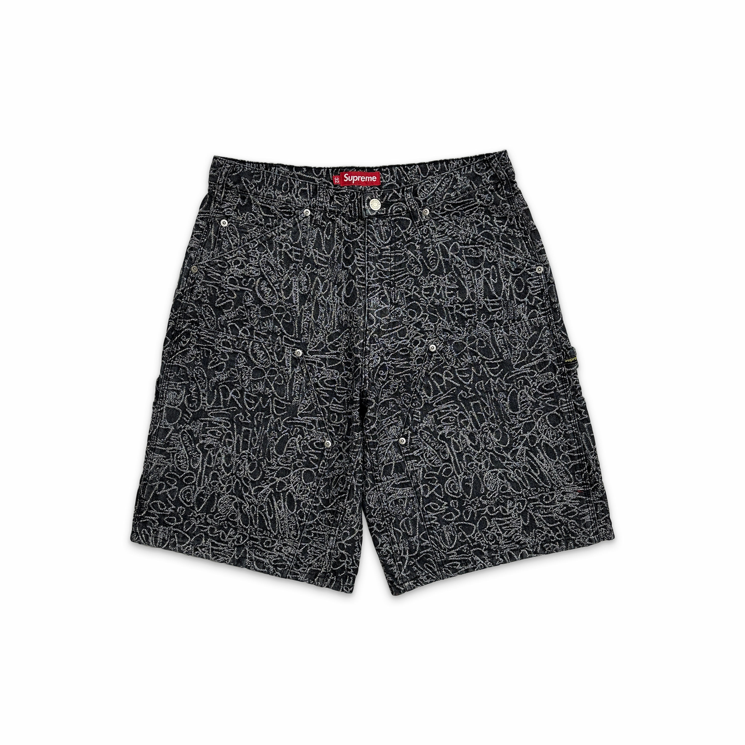 Handwriting Double Knee Denim Shorts Black