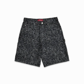Handwriting Double Knee Denim Shorts Black