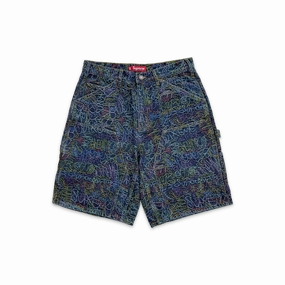 Handwriting Double Knee Denim Shorts Indigo