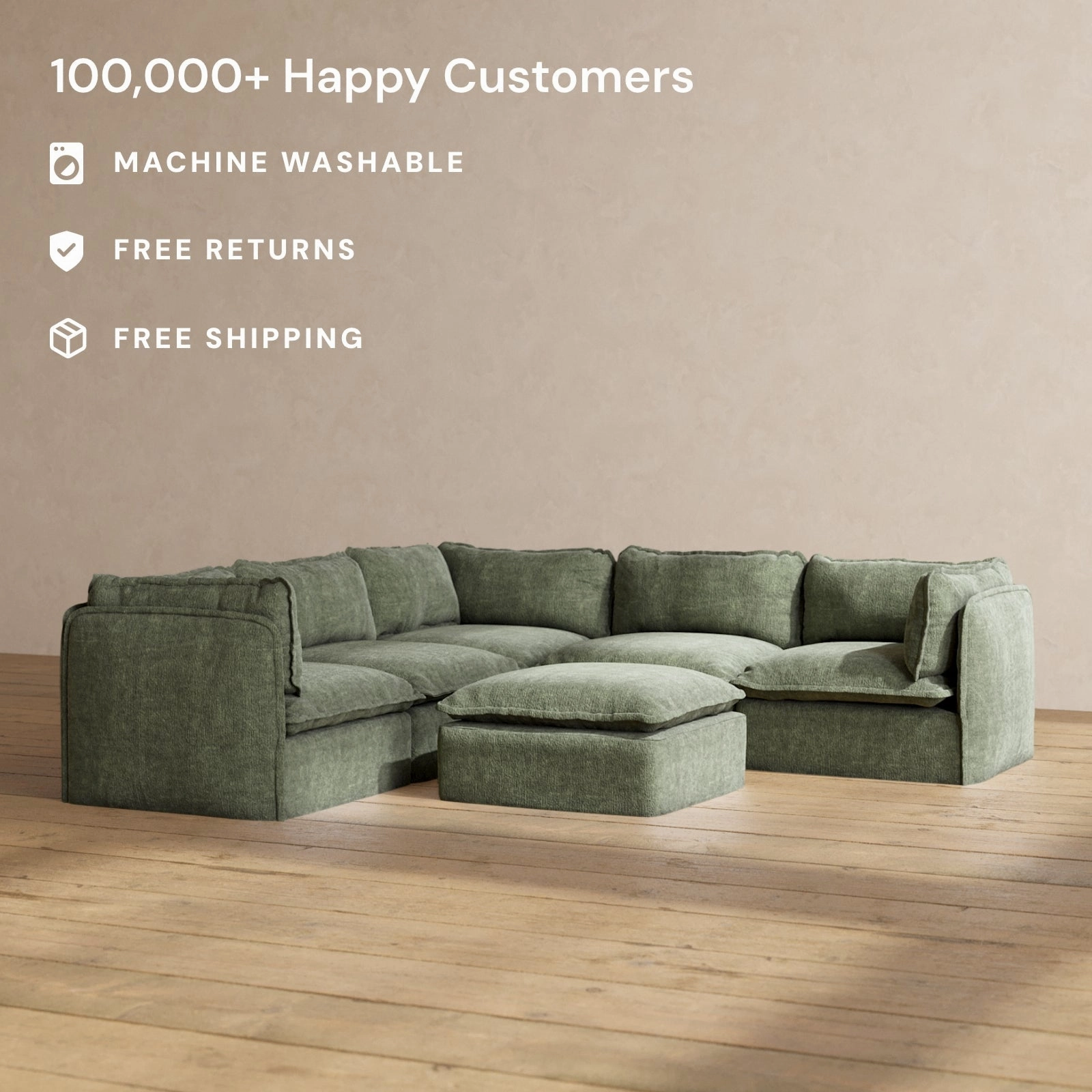 Modular Performance 5-Seater Corner Sectional   Ottoman in Willow | Relaxed Blend