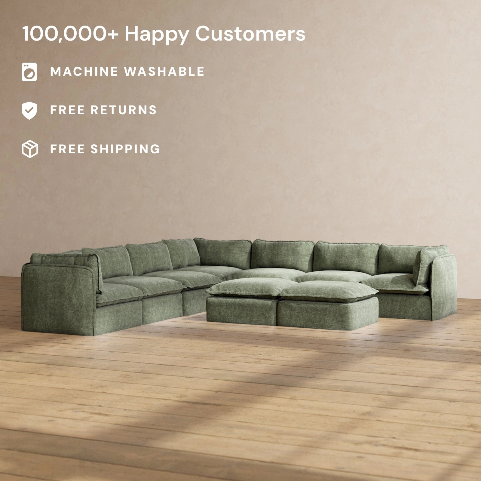 Modular Performance 7-Seater Corner Sectional   Bench Ottoman in Willow | Relaxed Blend