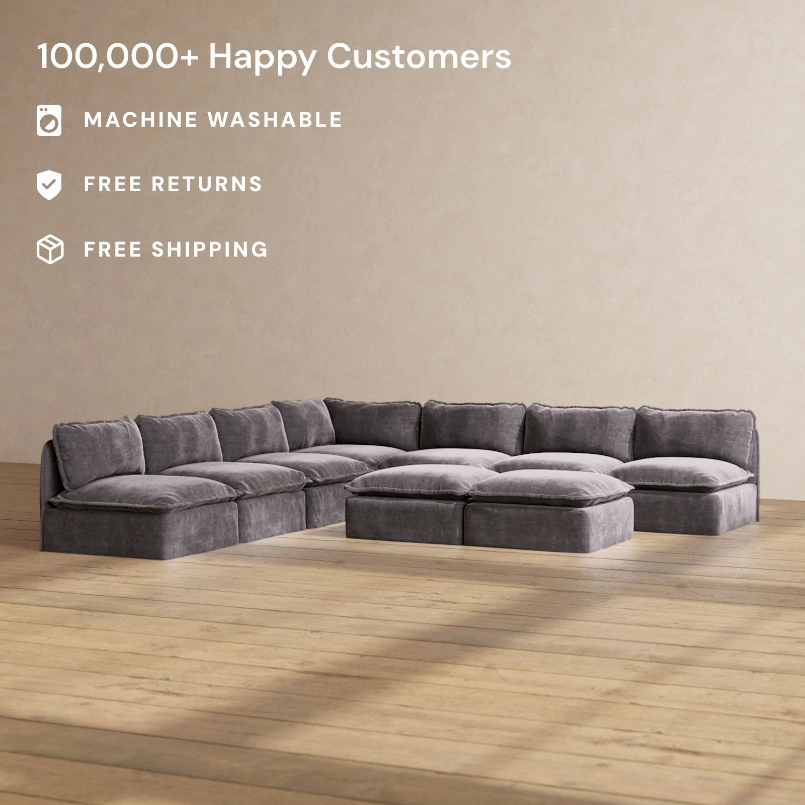 Modular Performance 7-Seater Open-Ends Corner Sectional   Bench Ottoman in Cinder | Relaxed Blend