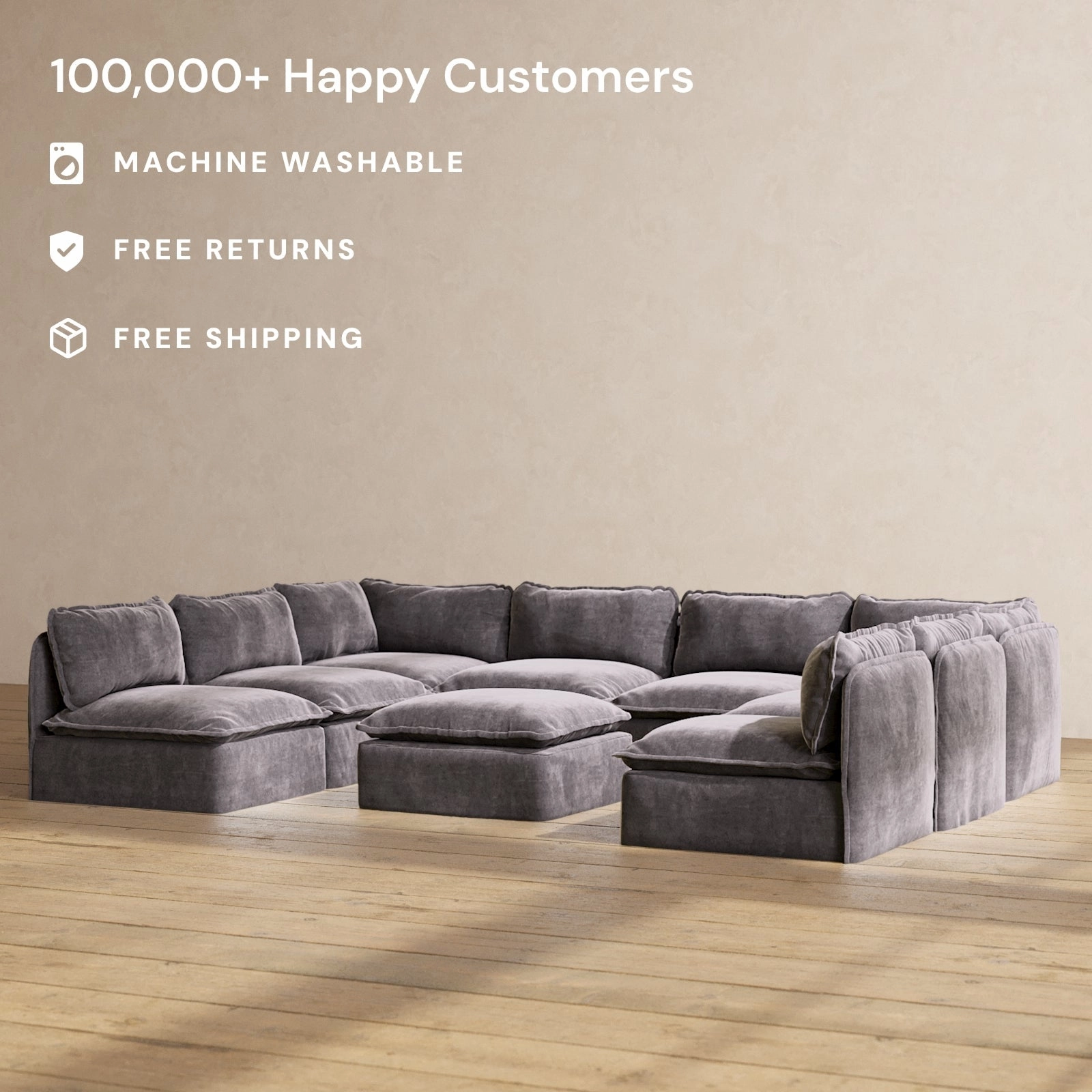 Modular Performance 8-Seater Open-Ends U-Sectional   Ottoman in Cinder | Relaxed Blend