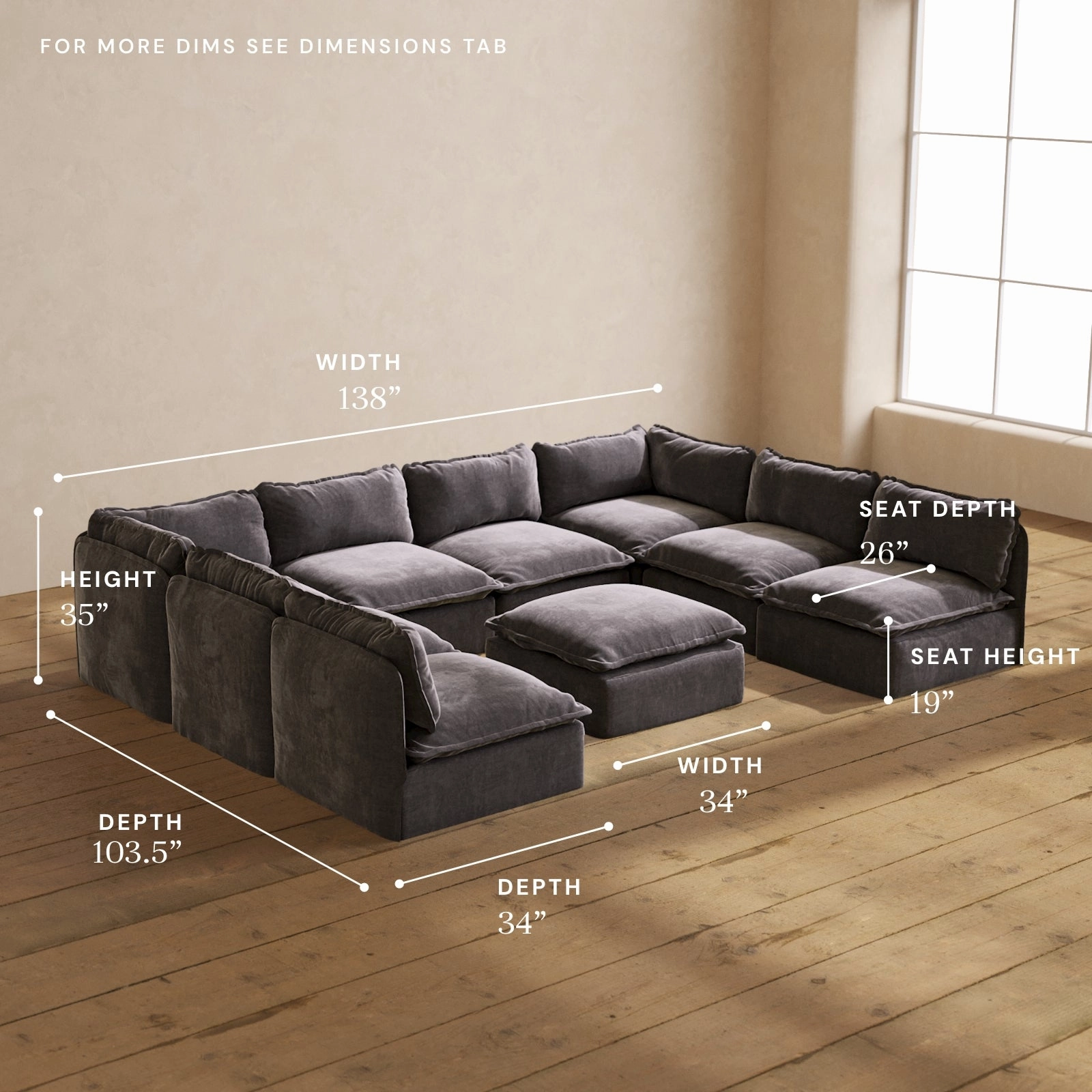 Modular Performance 8-Seater Open-Ends U-Sectional   Ottoman in Cinder | Relaxed Blend