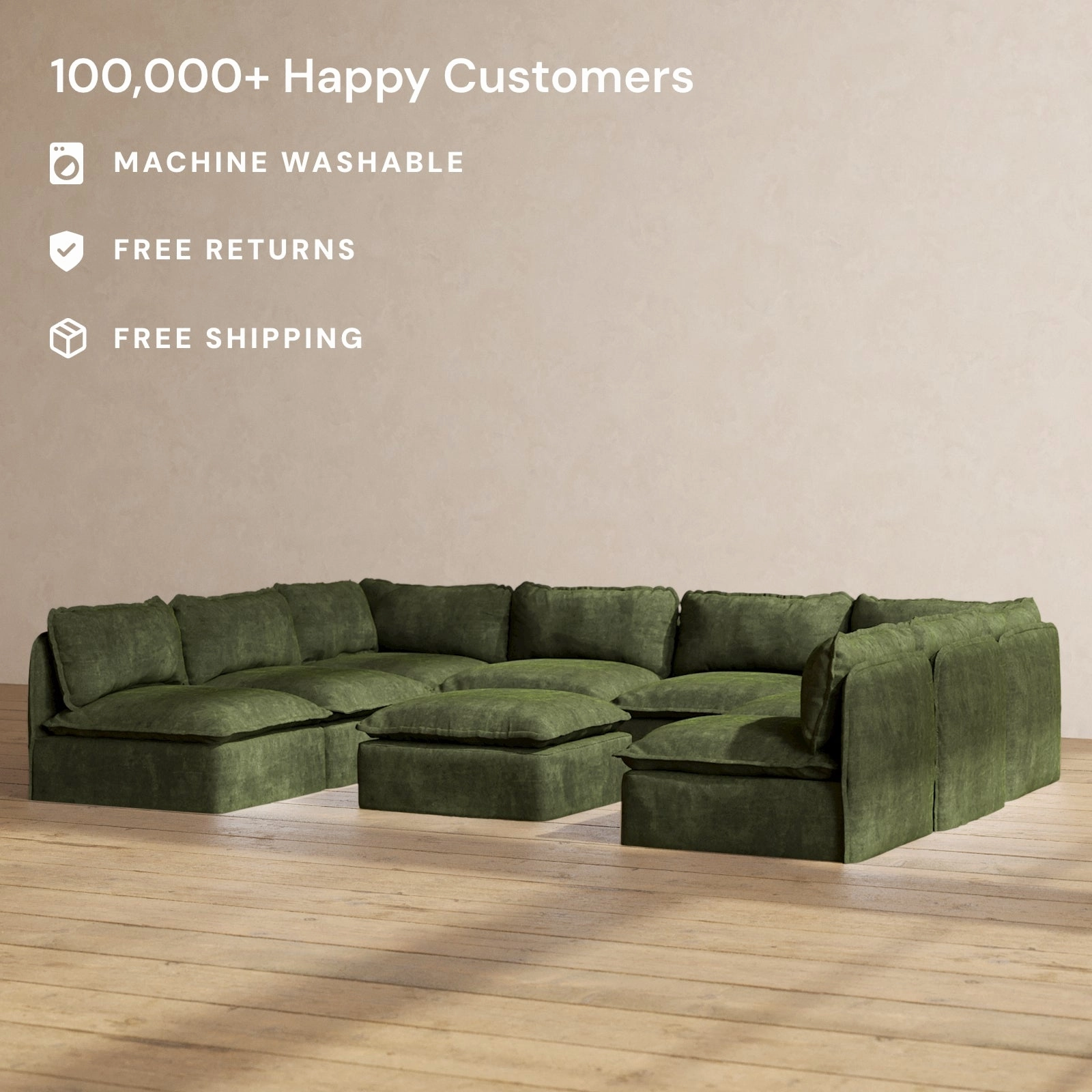 Modular Performance 8-Seater Open-Ends U-Sectional   Ottoman in Olive | Relaxed Blend