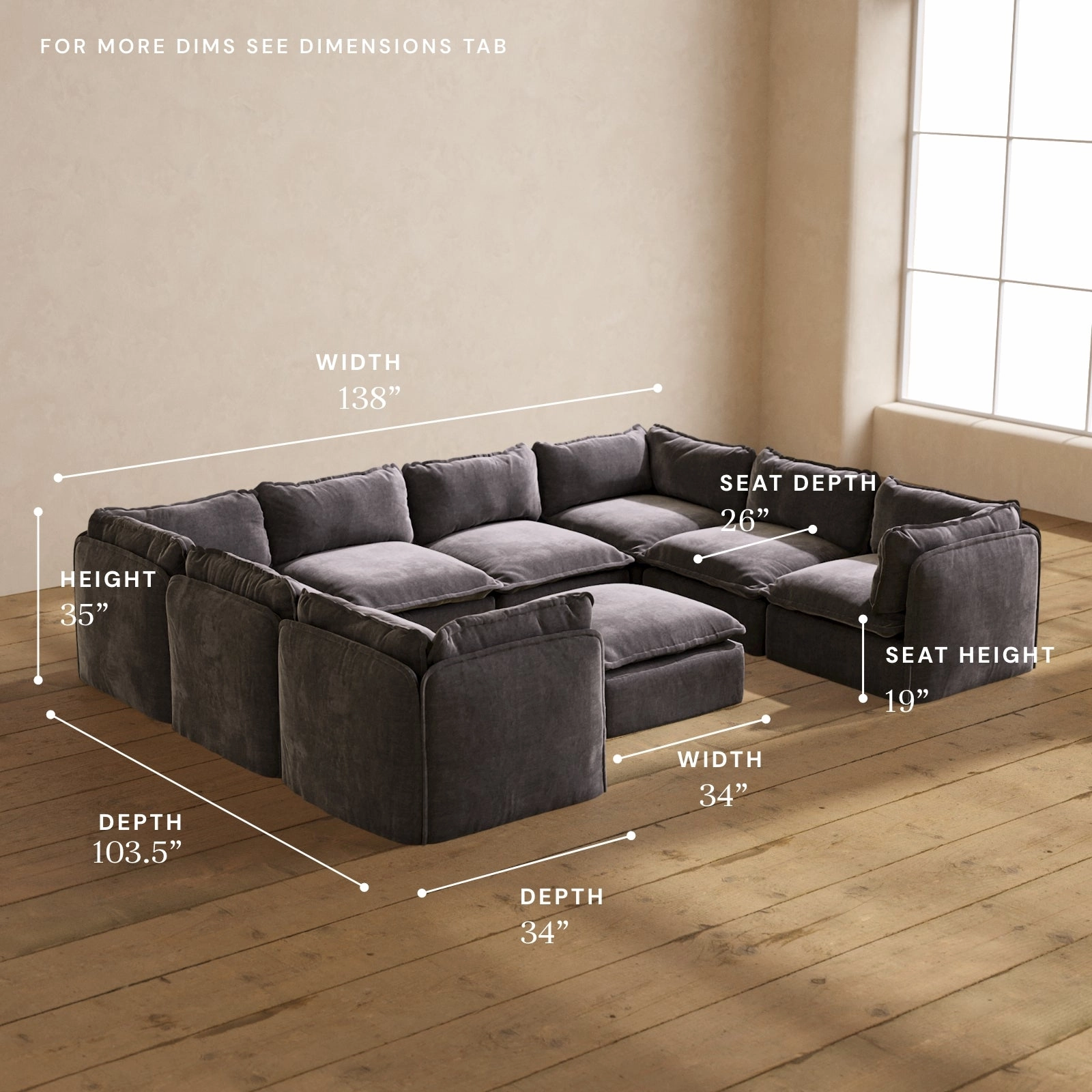 Modular Performance 8-Seater U-Sectional   Ottoman in Cinder | Relaxed Blend