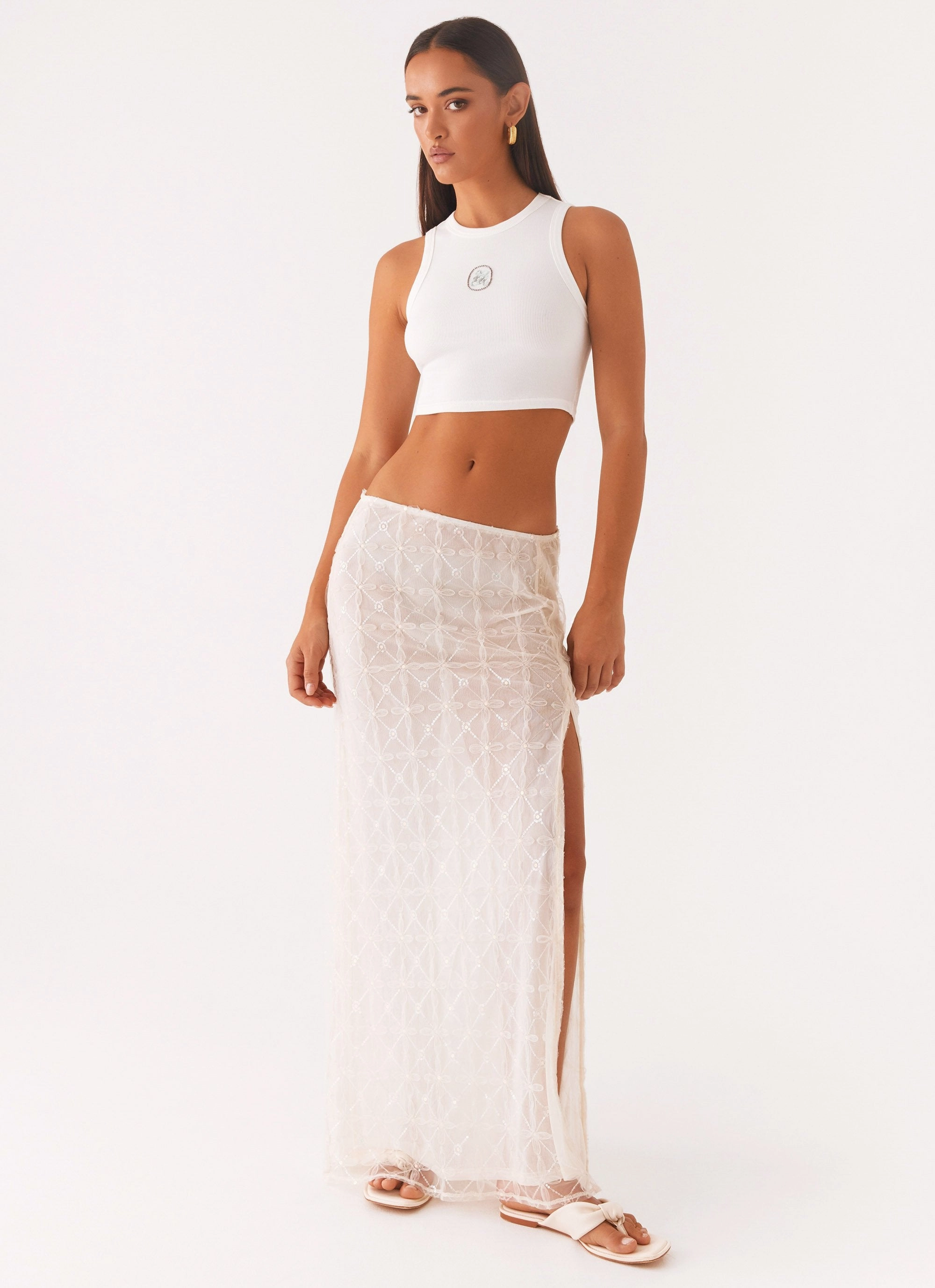 Opal Sequin Maxi Skirt - White