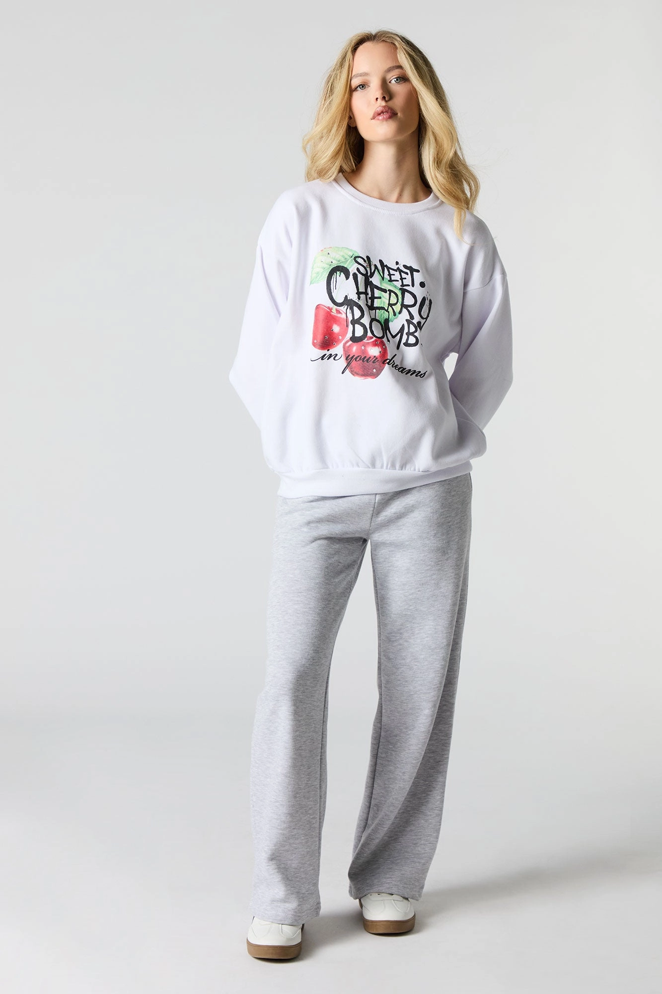 Oversized Cutesy Graphic Rhinestone Fleece Sweatshirt
