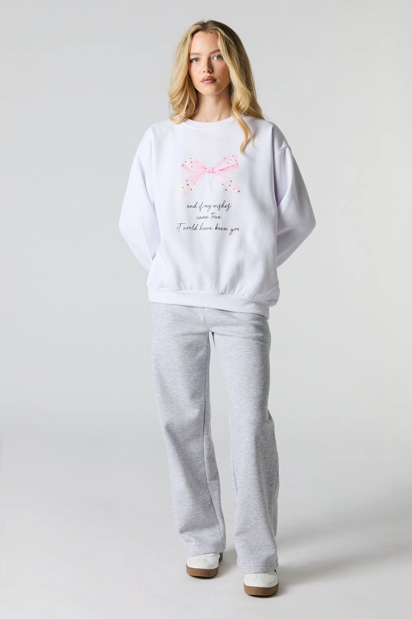Oversized Cutesy Graphic Rhinestone Fleece Sweatshirt