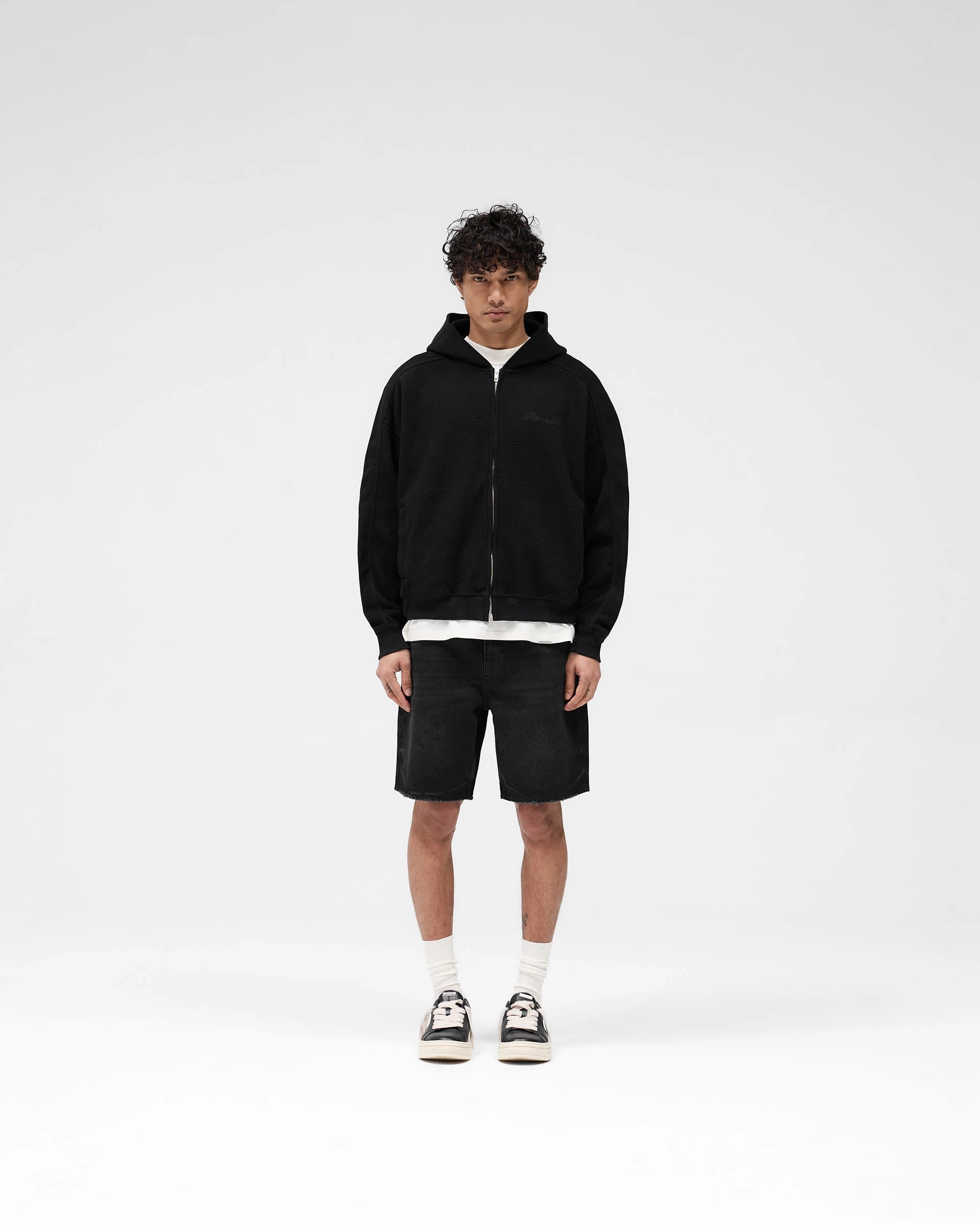 Waffle Zip Through Hoodie - Jet Black
