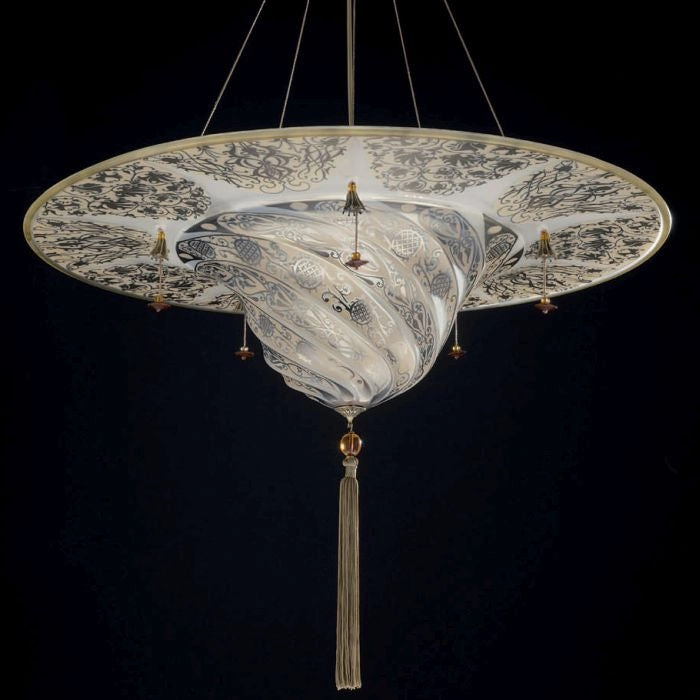 White Fortuny Style Murano Glass Ceiling Pendant With Glass Beads