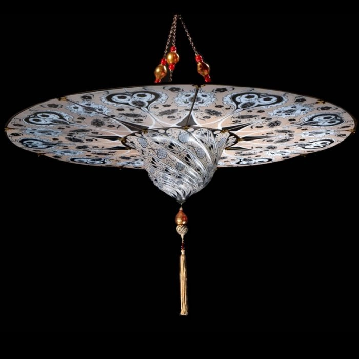 White Fortuny Style Murano Glass Ceiling Pendant With Glass Beads