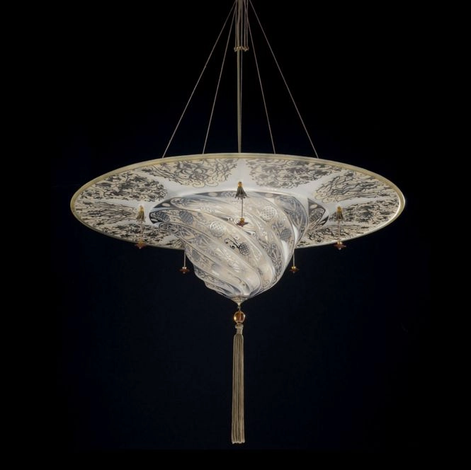 White Fortuny Style Murano Glass Ceiling Pendant With Glass Beads