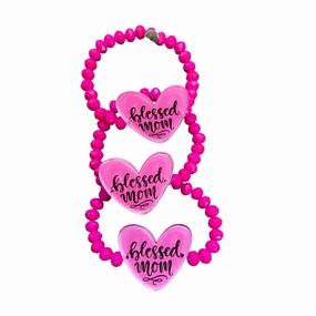Women's Blessed Mom Beaded Stretch Bracelet In Hot Pink