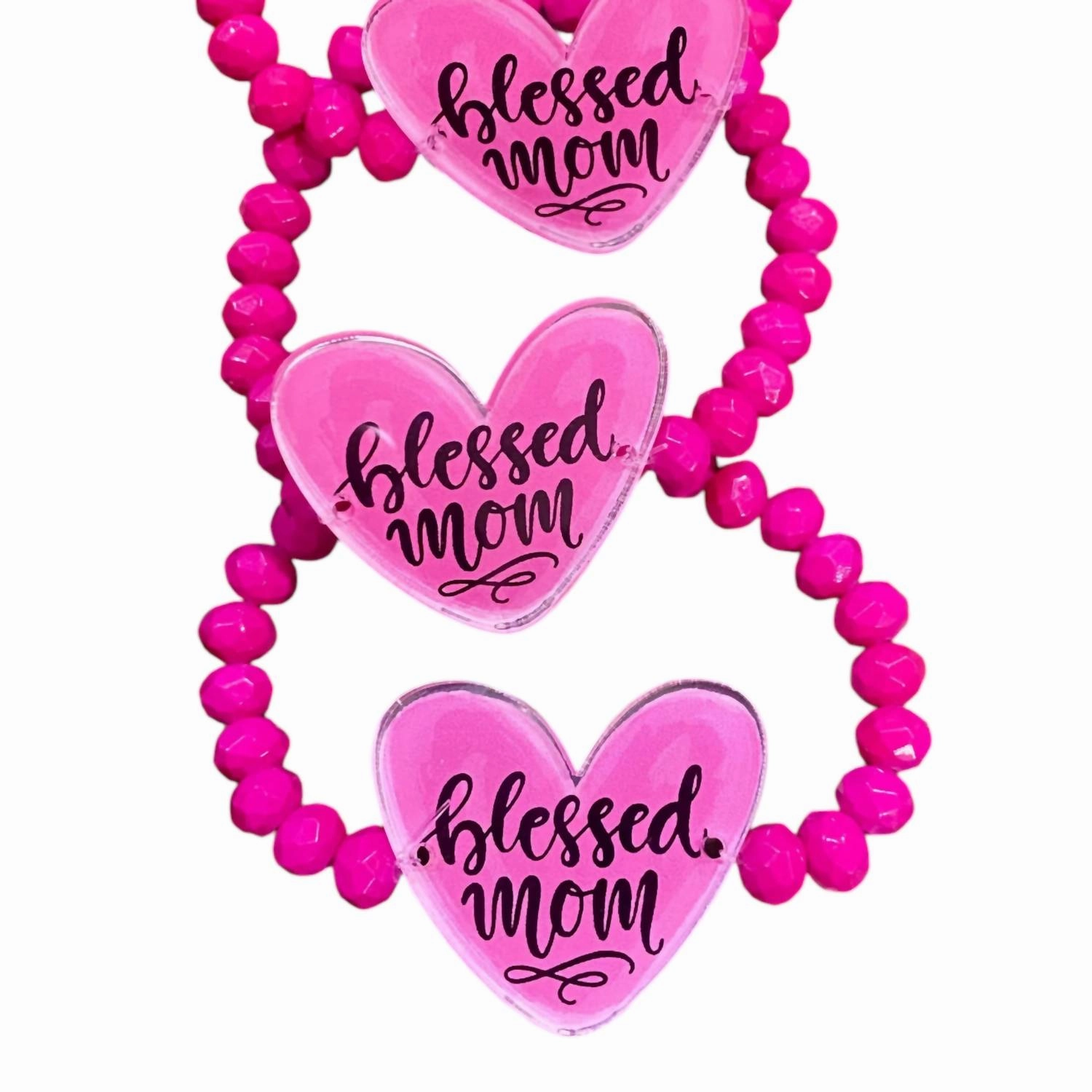 Women's Blessed Mom Beaded Stretch Bracelet In Hot Pink
